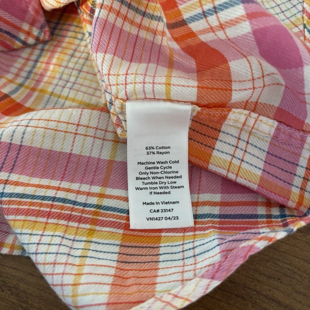 Talbots Cotton Rayon Button Front Shirt Womens Size MP Basket Plaid Orange White - Picture 7 of 7